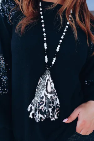 Astra Tassel Statement Necklace and Earring Set - White/Black