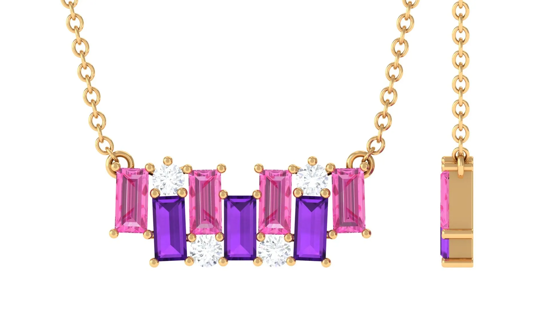 Baguette Cut Pink Sapphire and Amethyst Bar Necklace with Diamond