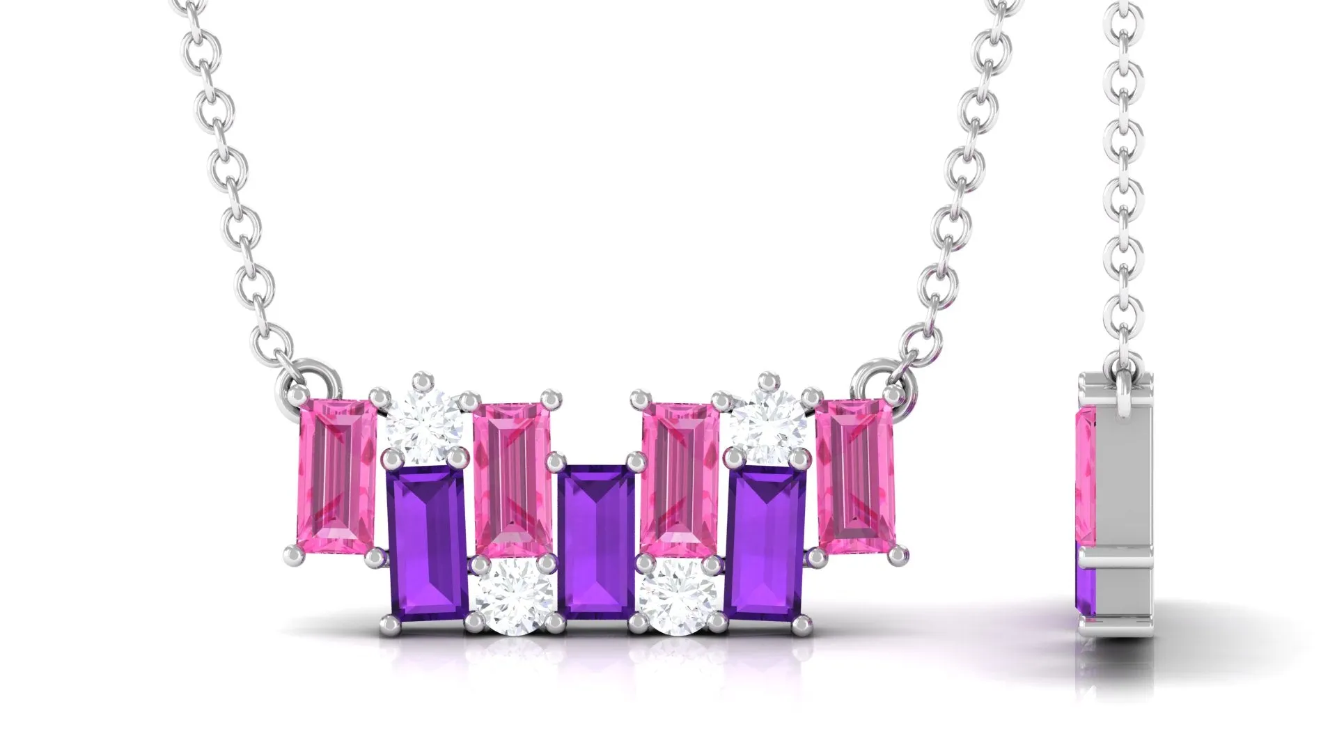 Baguette Cut Pink Sapphire and Amethyst Bar Necklace with Diamond