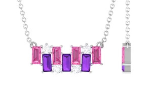 Baguette Cut Pink Sapphire and Amethyst Bar Necklace with Diamond
