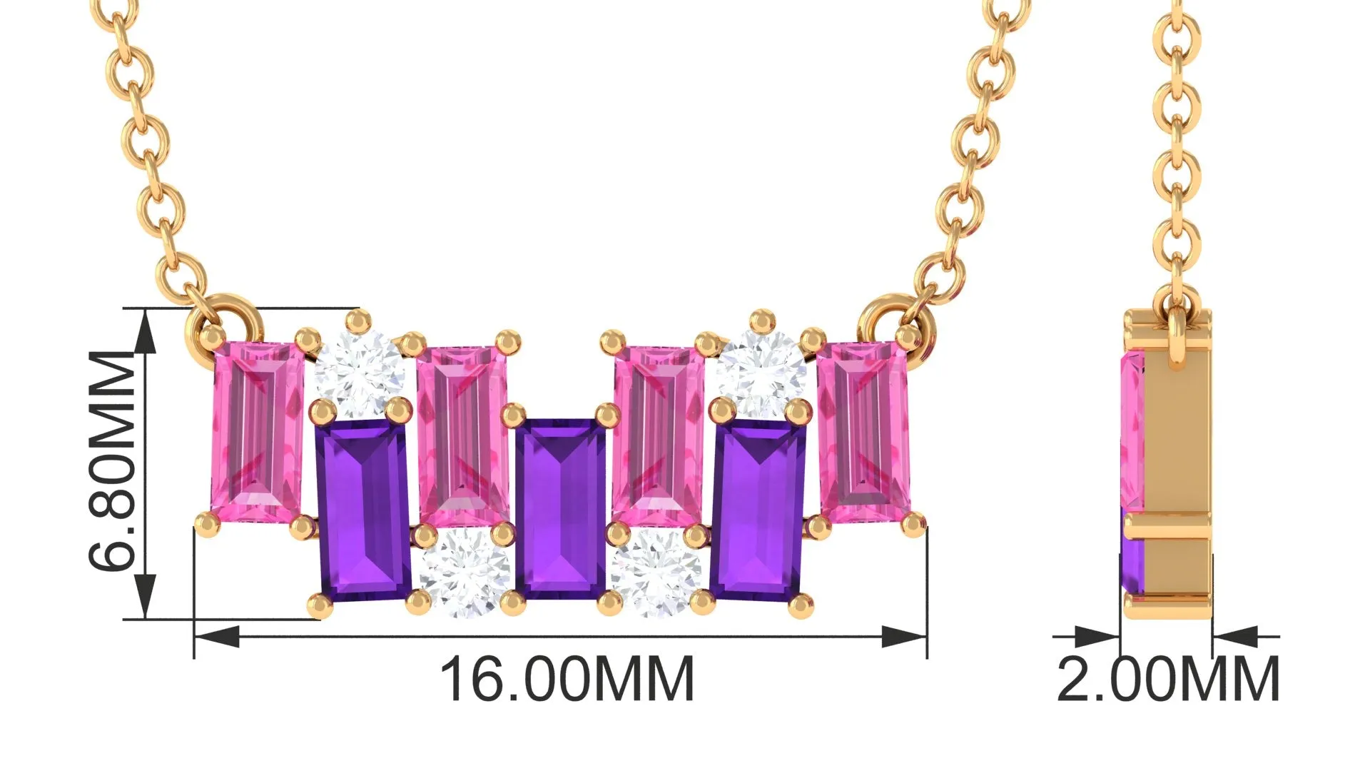 Baguette Cut Pink Sapphire and Amethyst Bar Necklace with Diamond