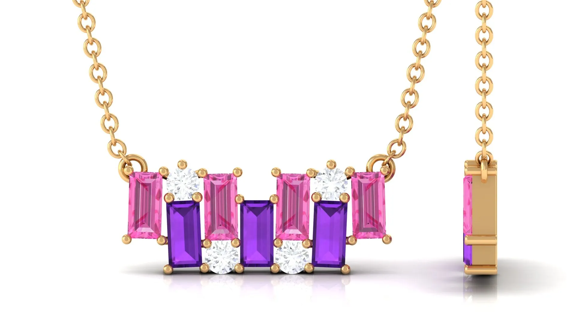 Baguette Cut Pink Sapphire and Amethyst Bar Necklace with Diamond
