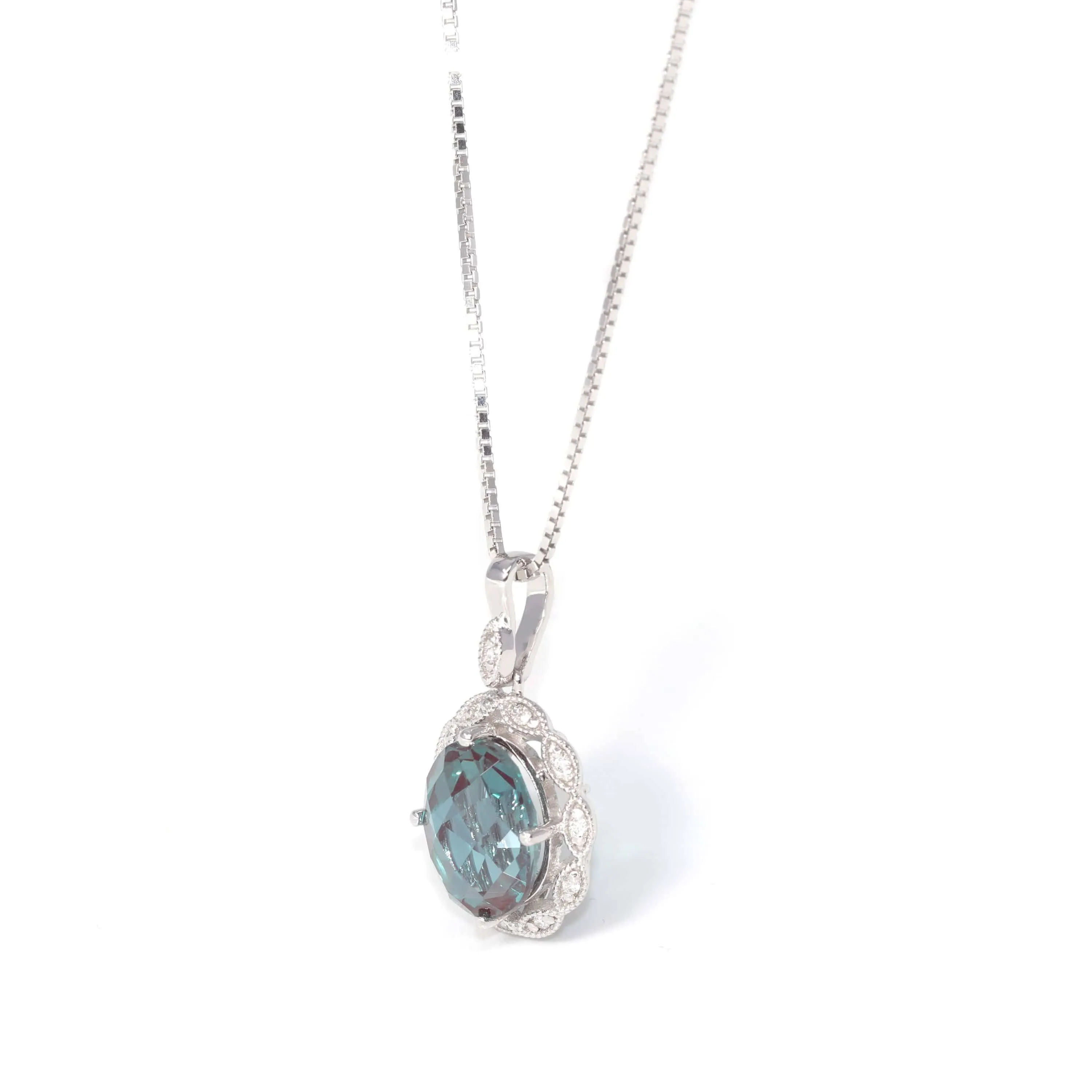 Baikalla™ 14k White Gold Lab Created Alexandrite Faceted Oval Prong Set Necklace With Diamonds