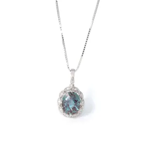 Baikalla™ 14k White Gold Lab Created Alexandrite Faceted Oval Prong Set Necklace With Diamonds