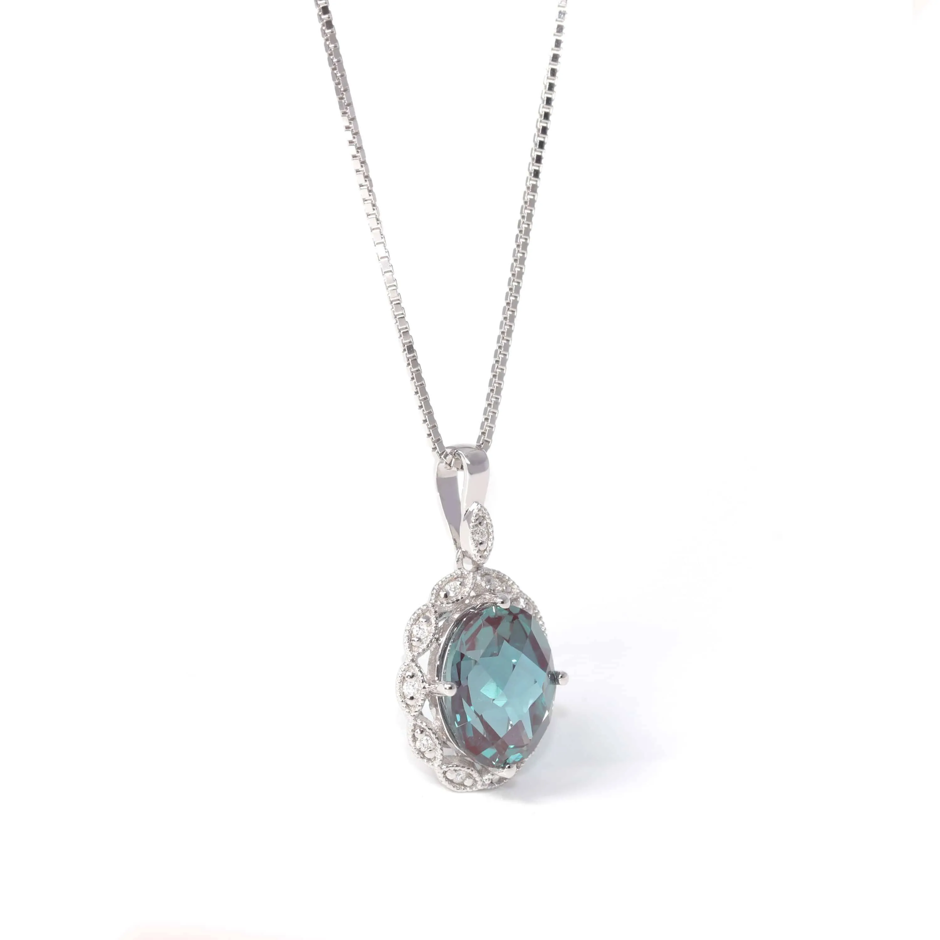 Baikalla™ 14k White Gold Lab Created Alexandrite Faceted Oval Prong Set Necklace With Diamonds