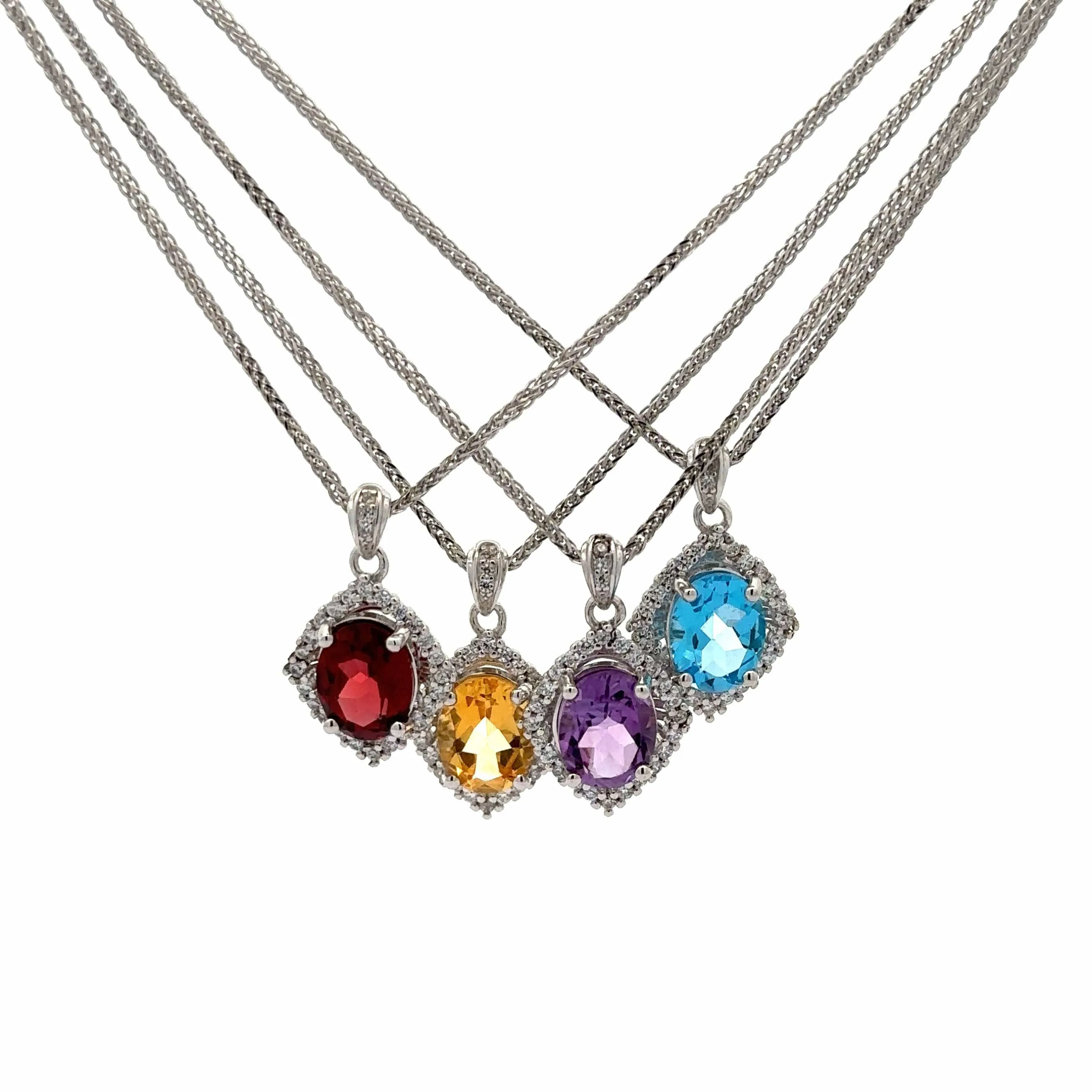 Baikalla™ Classic Oval Sterling Silver Natural Amethyst Citrine Garnet Topaz Necklace With CZ