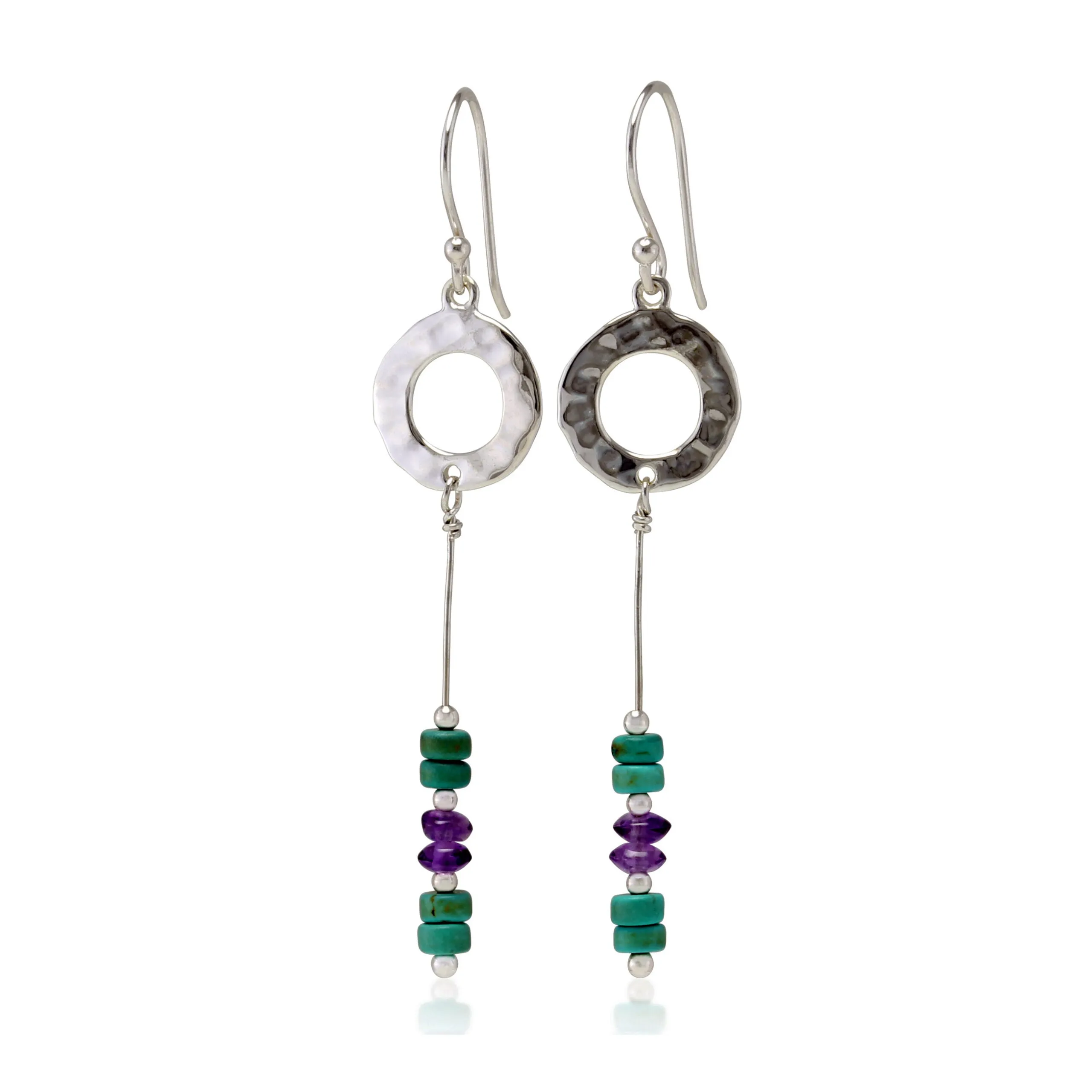 Banyan Hammered Circle Drop Earrings with Turquoise and Amethyst
