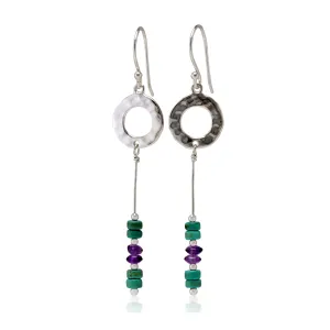 Banyan Hammered Circle Drop Earrings with Turquoise and Amethyst