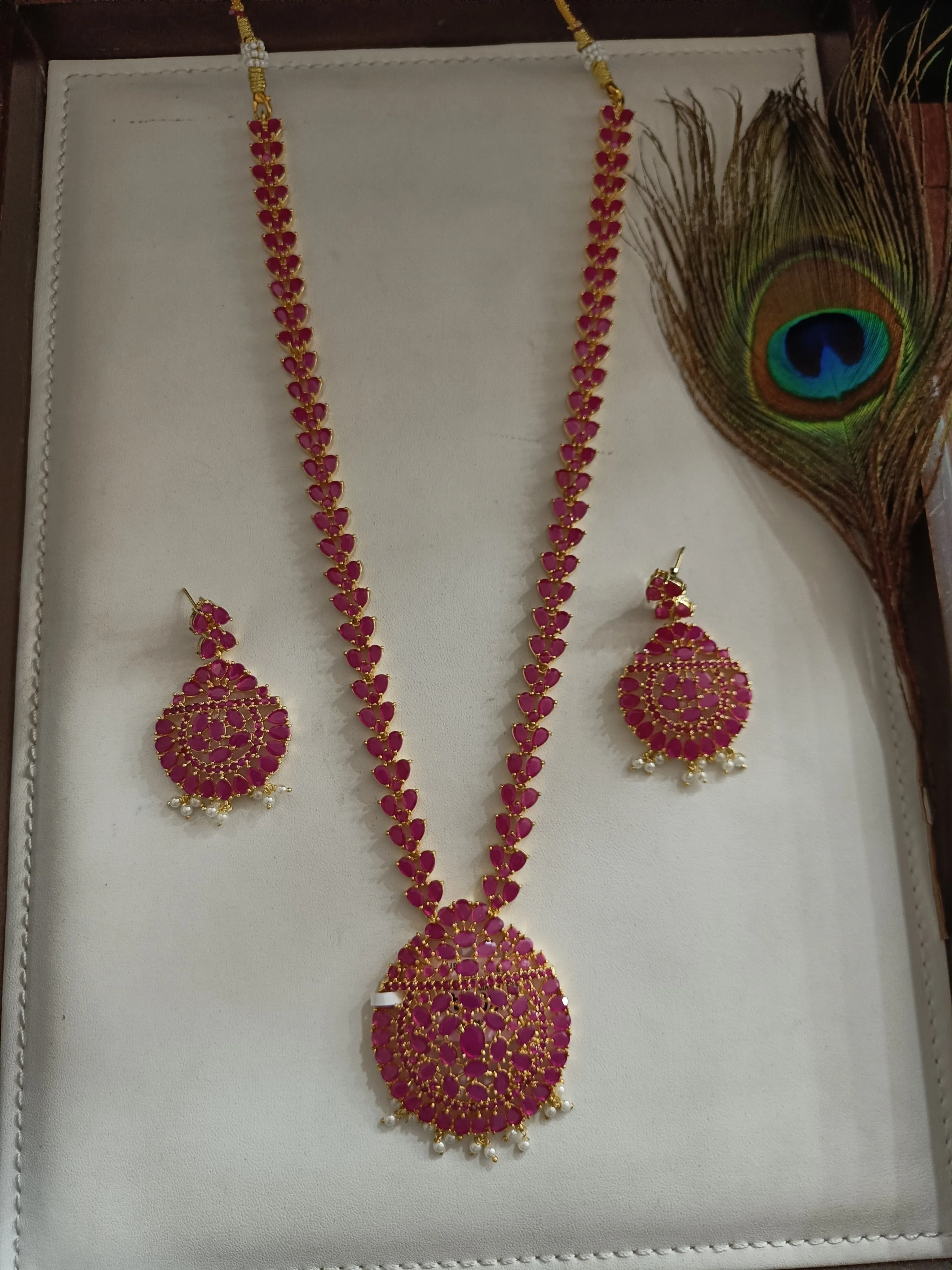 Beautiful Zircon Long Necklace Set in Ruby