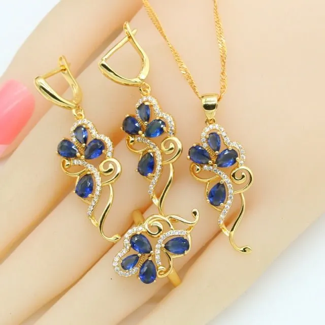Blue Flower Sapphire Jewelry Sets 18K Gold for Women
