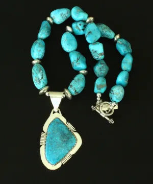 Blue Kingman Turquoise and Sterling Silver Notched Pendant with Nevada Blue Gem Turquoise Nuggets and Sterling Silver
