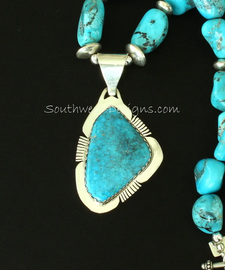 Blue Kingman Turquoise and Sterling Silver Notched Pendant with Nevada Blue Gem Turquoise Nuggets and Sterling Silver