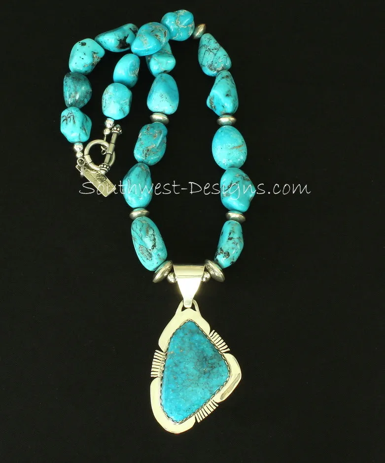 Blue Kingman Turquoise and Sterling Silver Notched Pendant with Nevada Blue Gem Turquoise Nuggets and Sterling Silver
