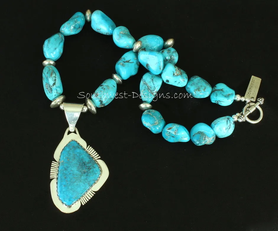 Blue Kingman Turquoise and Sterling Silver Notched Pendant with Nevada Blue Gem Turquoise Nuggets and Sterling Silver