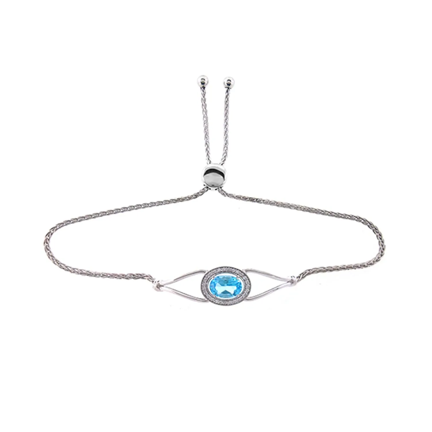 Blue Topaz and Created White Sapphire Bolo Bracelet in Silver