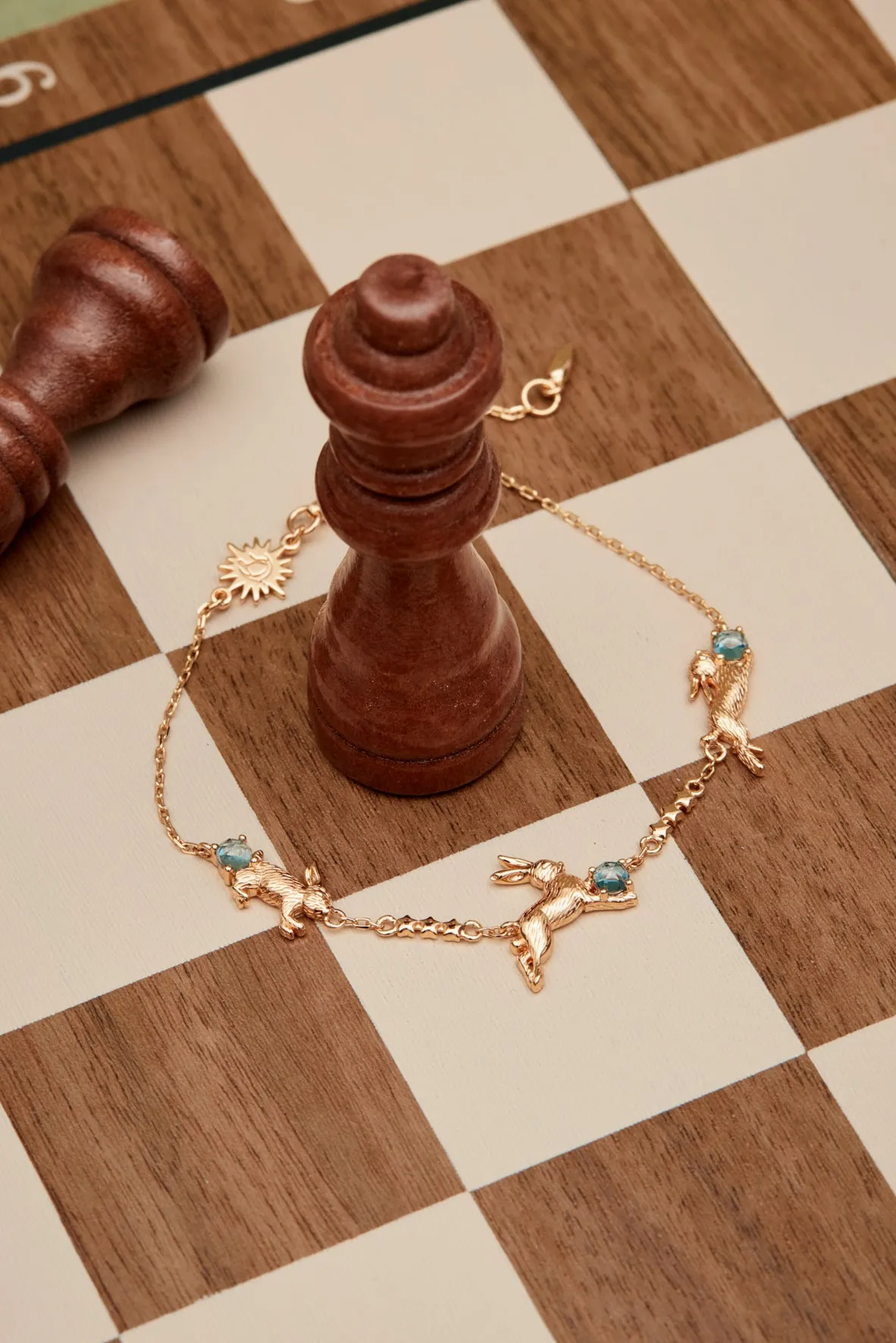 Blue Topaz Gold Leaping Rabbit Bracelet