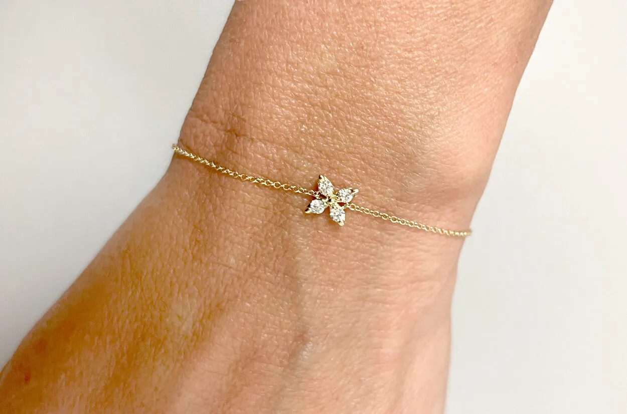Bracelet 14kt Gold Chain Flower & Four Diamonds