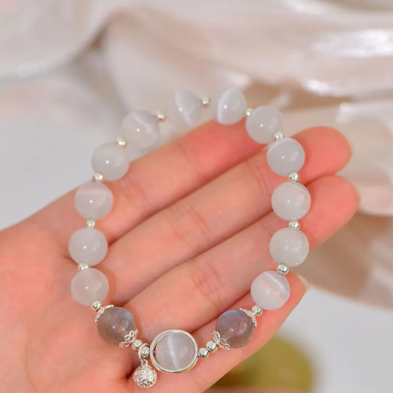 925 Sterling Silver cat eye moonstone Bracelet with Buddha Stones for Love and Support