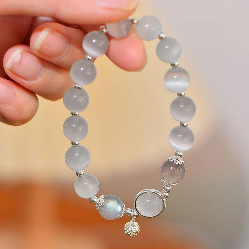 925 Sterling Silver cat eye moonstone Bracelet with Buddha Stones for Love and Support