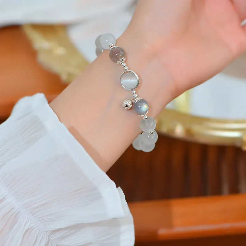 925 Sterling Silver cat eye moonstone Bracelet with Buddha Stones for Love and Support