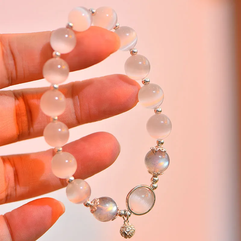 925 Sterling Silver cat eye moonstone Bracelet with Buddha Stones for Love and Support