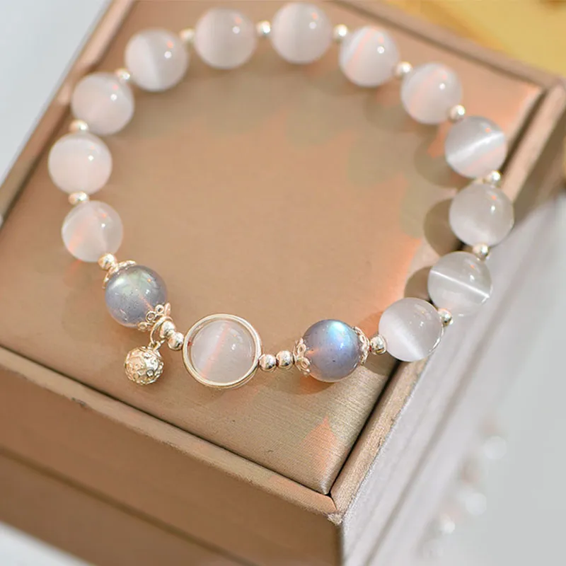 925 Sterling Silver cat eye moonstone Bracelet with Buddha Stones for Love and Support