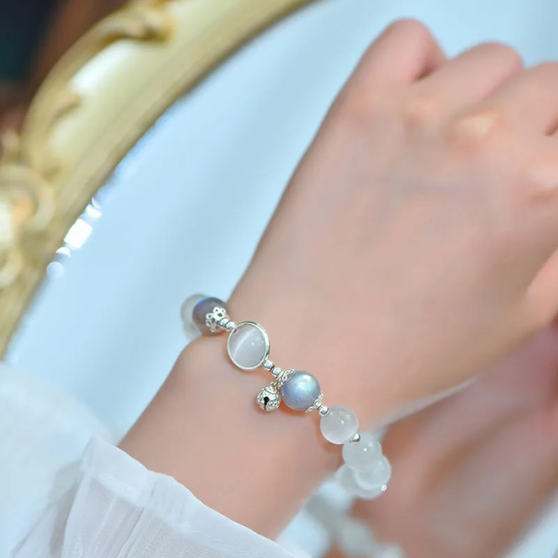 925 Sterling Silver cat eye moonstone Bracelet with Buddha Stones for Love and Support