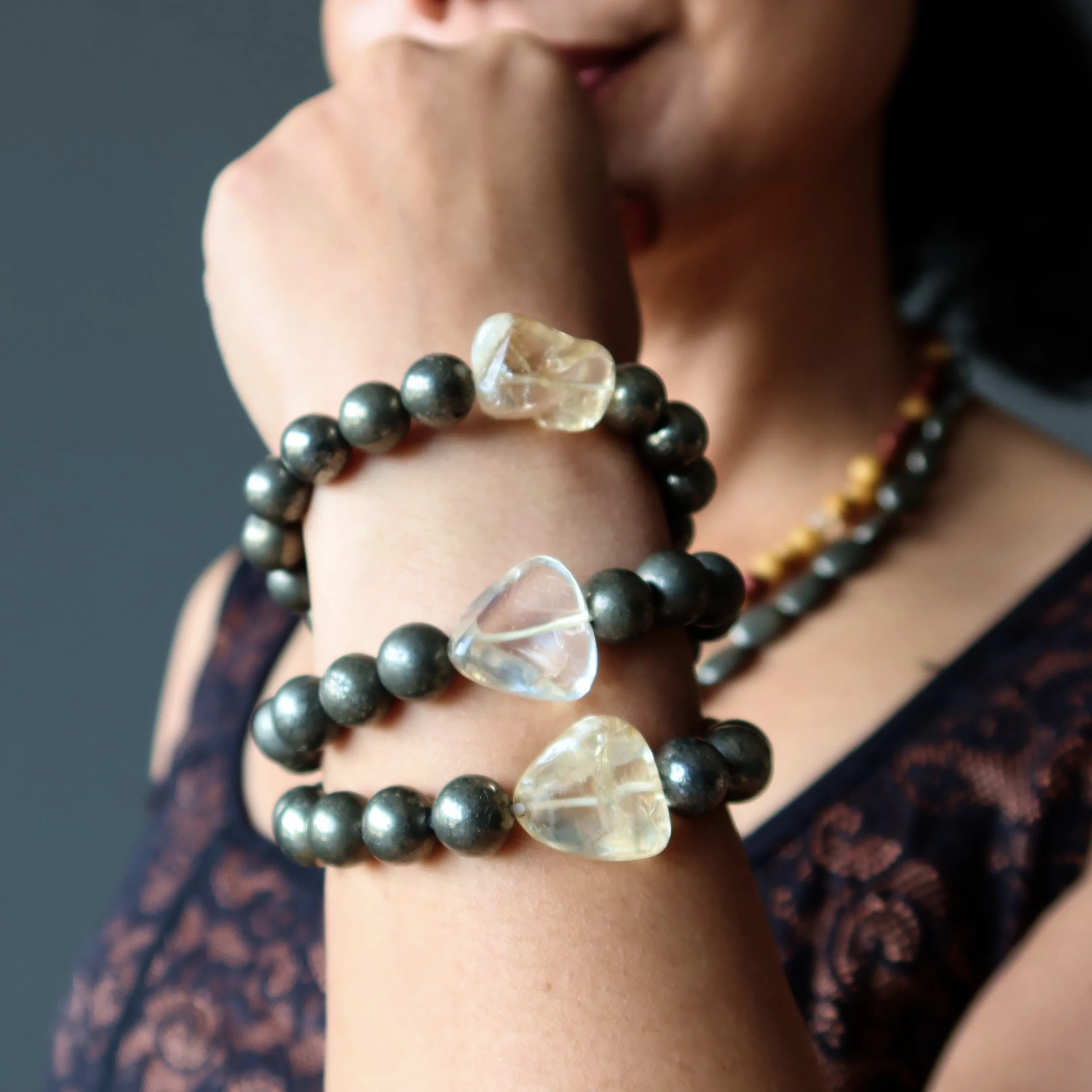 Citrine Bracelet Pyrite Double Abundance Nugget Crystal