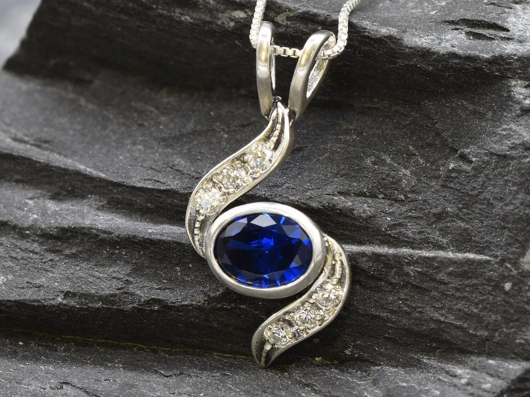 Classy Sapphire Pendant - Blue Wave Necklace - Unique Vintage Necklace
