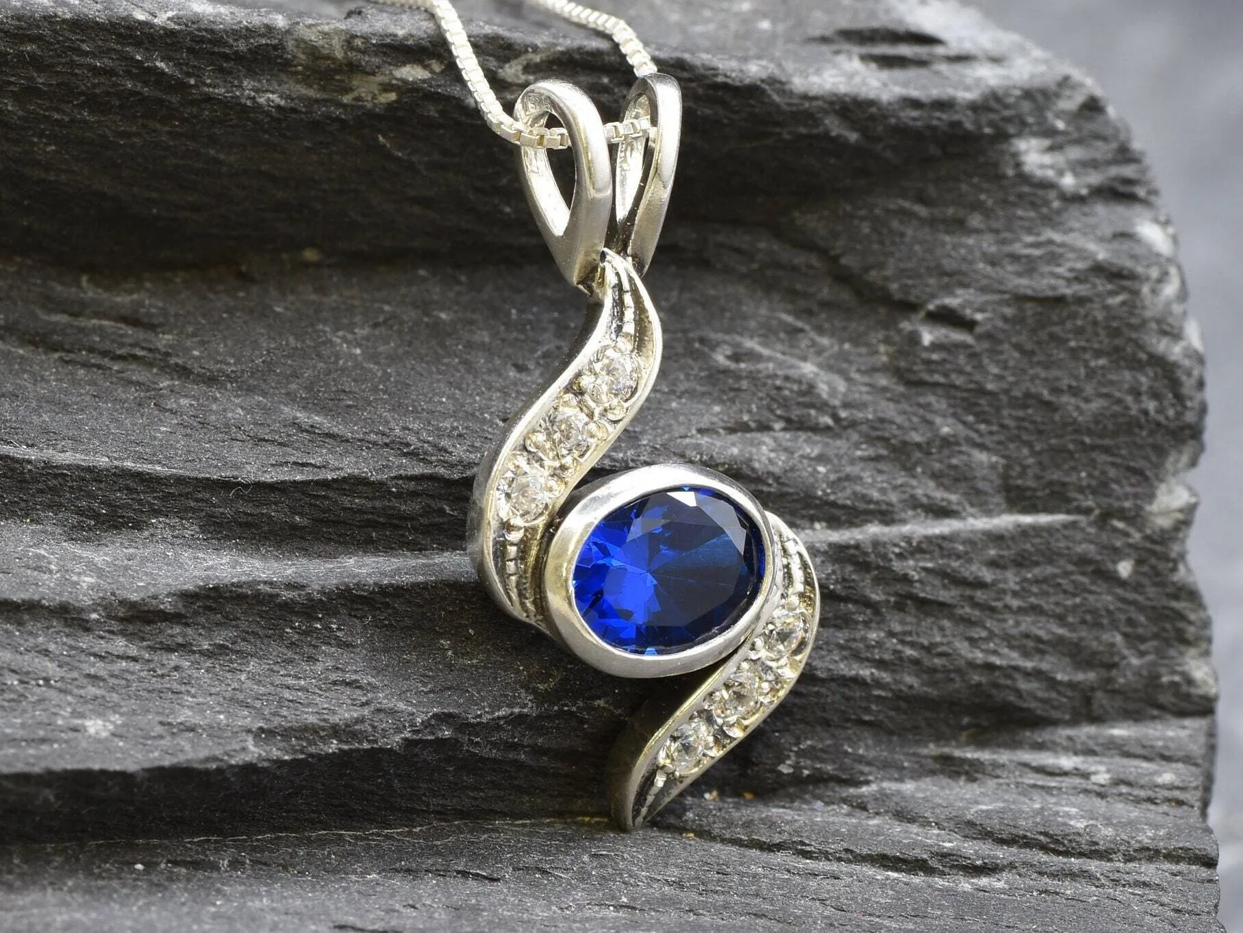 Classy Sapphire Pendant - Blue Wave Necklace - Unique Vintage Necklace