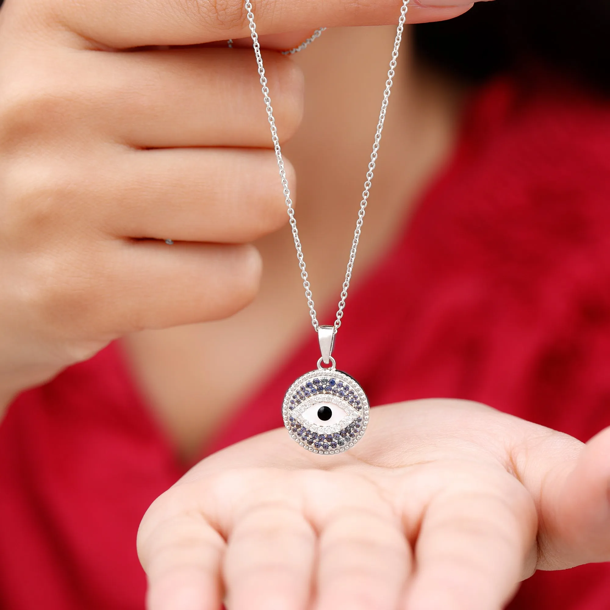 Created Blue Sapphire and Moissanite Evil Eye Pendant Necklace