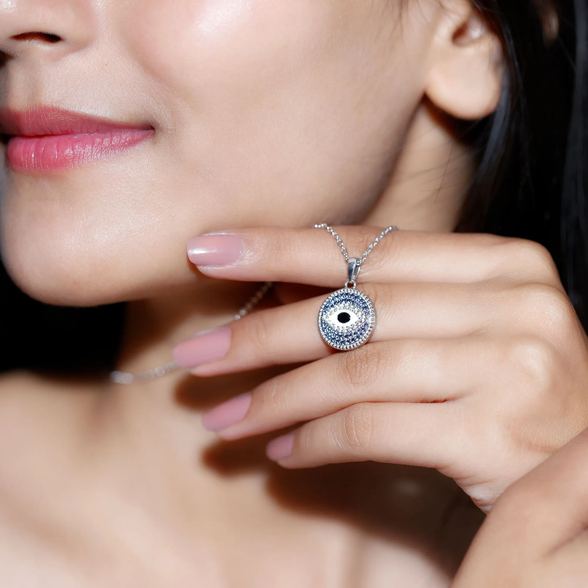 Created Blue Sapphire and Moissanite Evil Eye Pendant Necklace