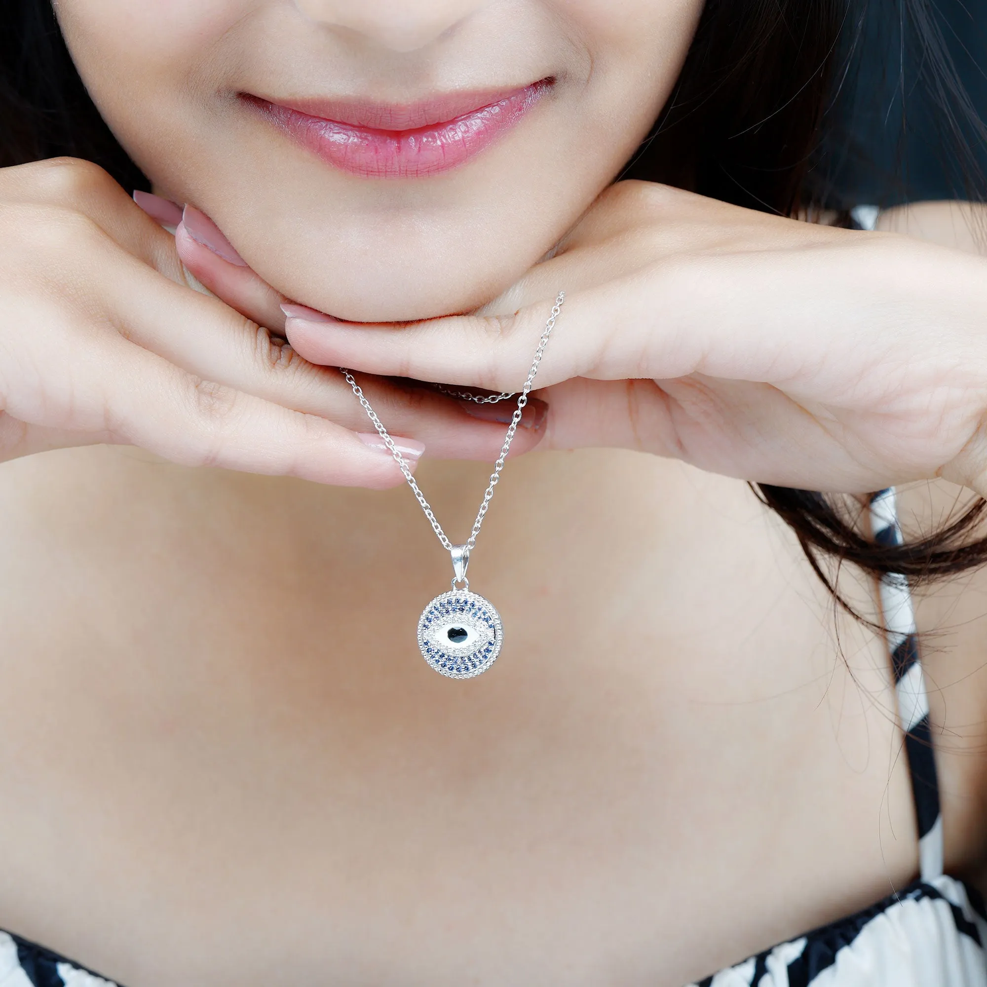 Created Blue Sapphire and Moissanite Evil Eye Pendant Necklace