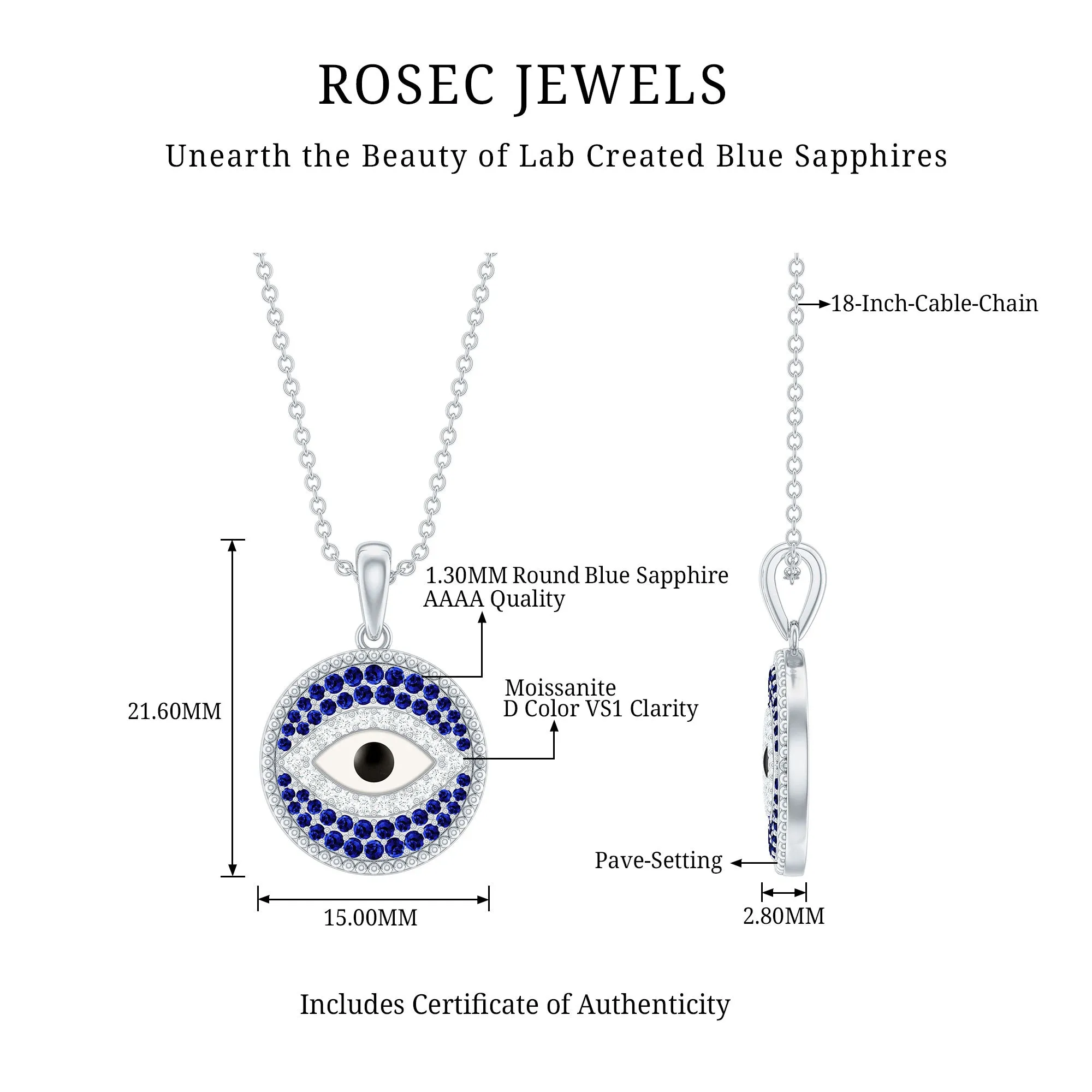 Created Blue Sapphire and Moissanite Evil Eye Pendant Necklace