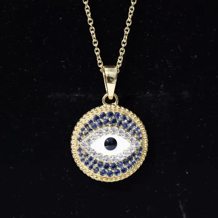 Created Blue Sapphire and Moissanite Evil Eye Pendant Necklace