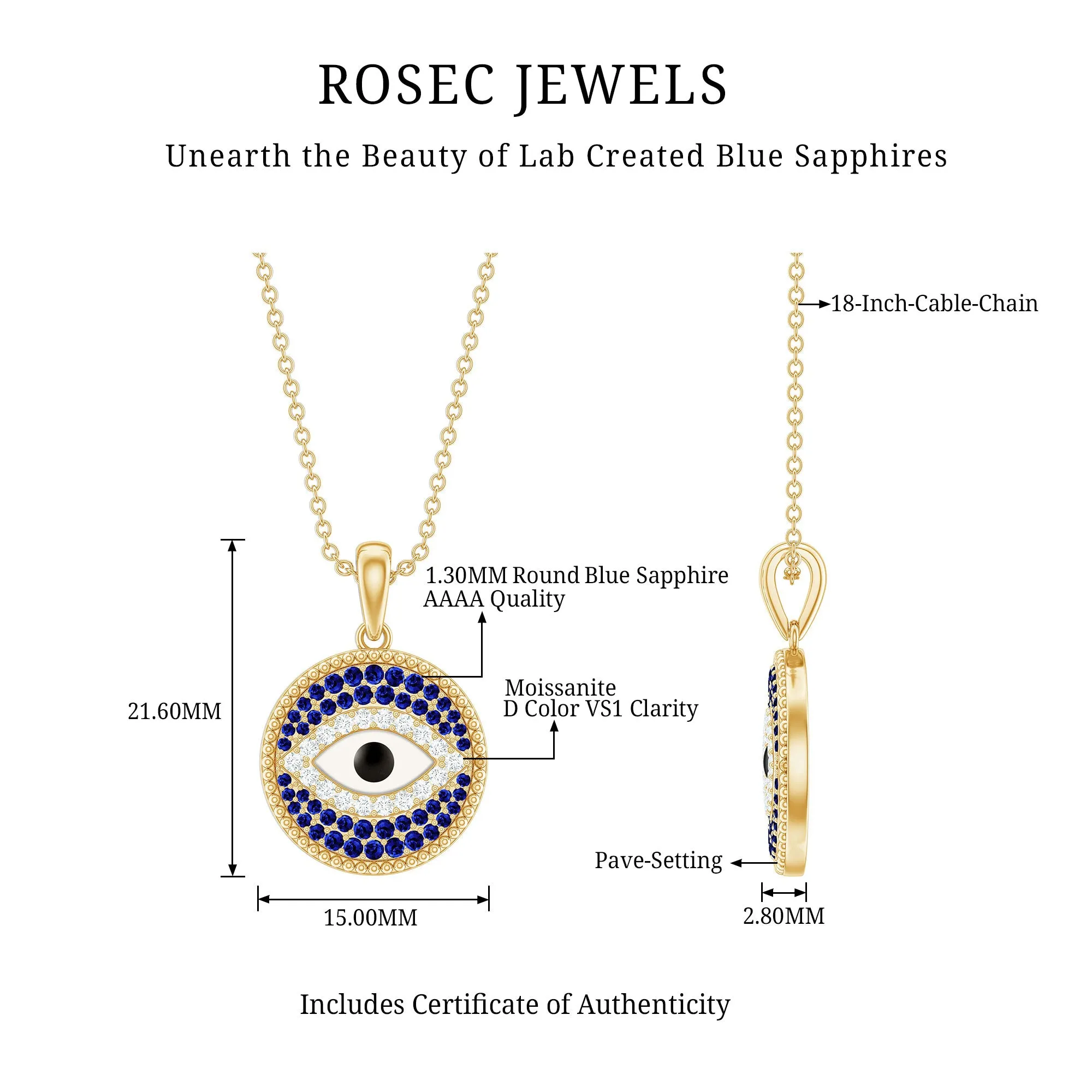 Created Blue Sapphire and Moissanite Evil Eye Pendant Necklace