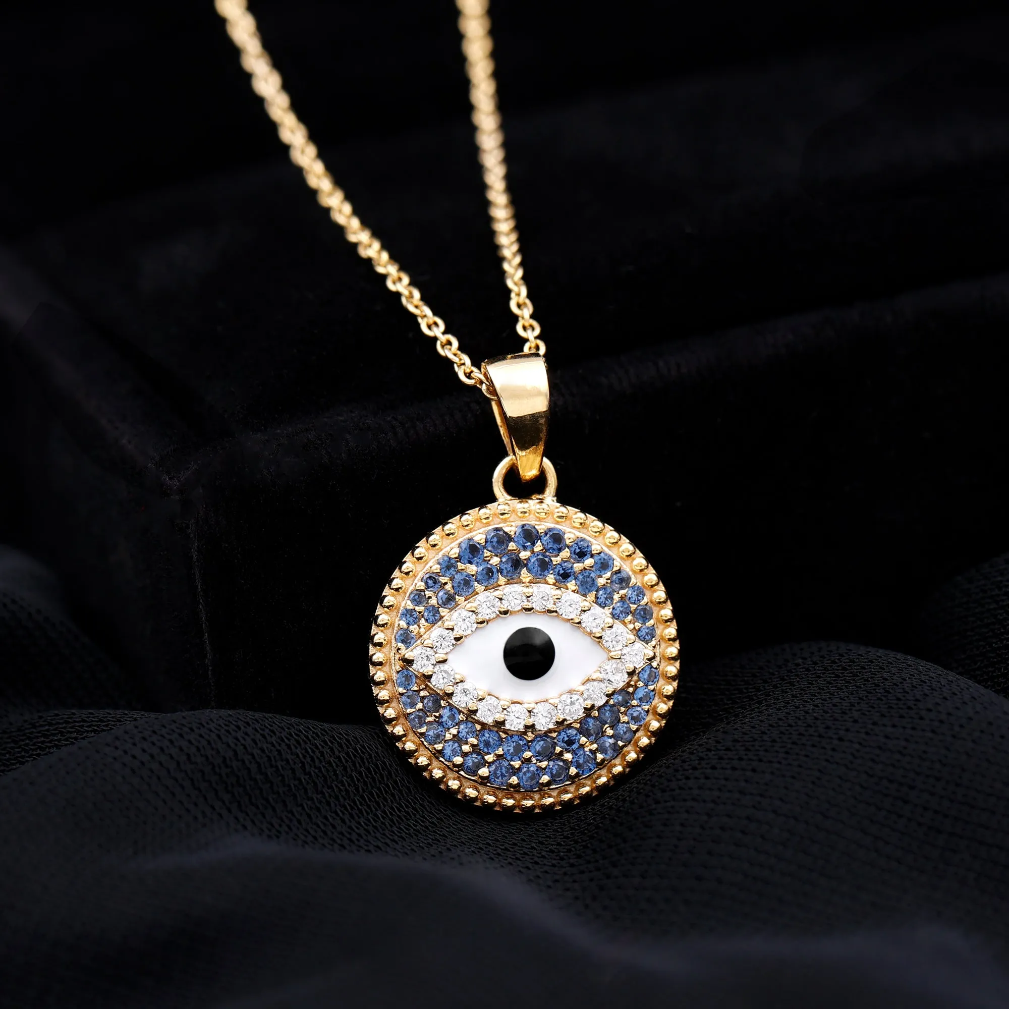 Created Blue Sapphire and Moissanite Evil Eye Pendant Necklace