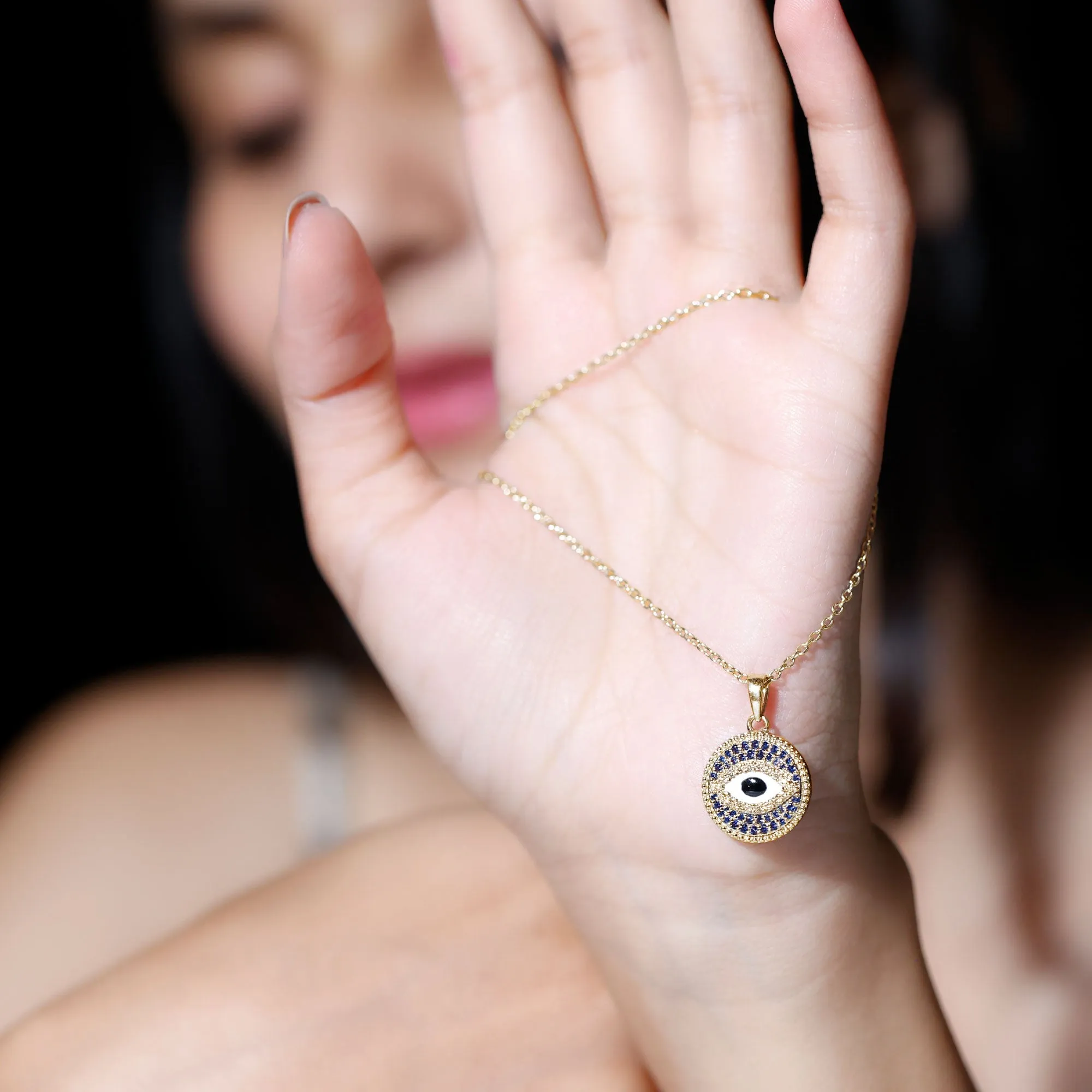 Created Blue Sapphire and Moissanite Evil Eye Pendant Necklace