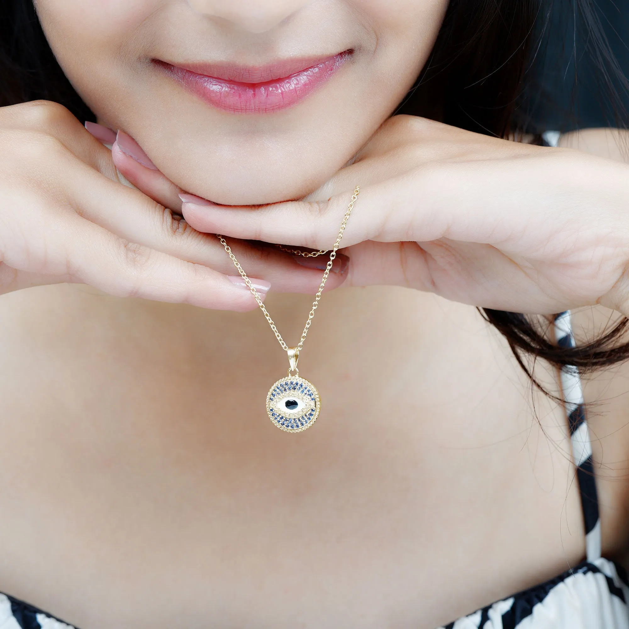 Created Blue Sapphire and Moissanite Evil Eye Pendant Necklace