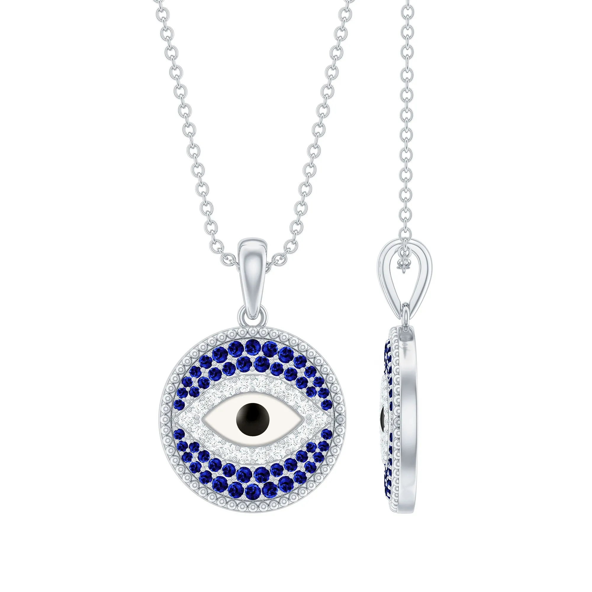 Created Blue Sapphire and Moissanite Evil Eye Pendant Necklace