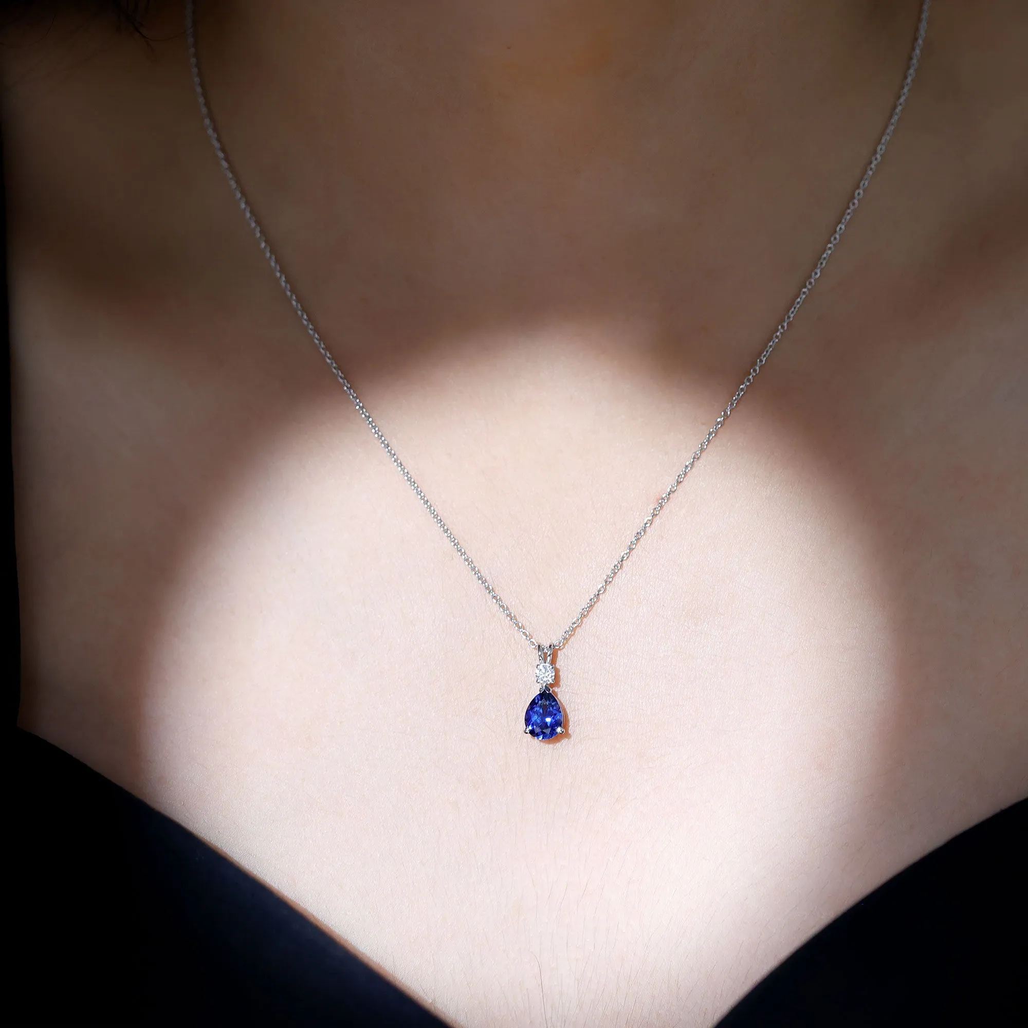 Created Blue Sapphire and Moissanite Modern Teardrop Pendant