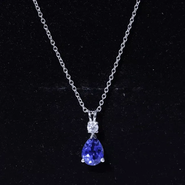 Created Blue Sapphire and Moissanite Modern Teardrop Pendant