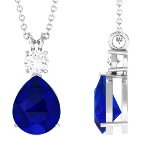 Created Blue Sapphire Teardrop Pendant Necklace