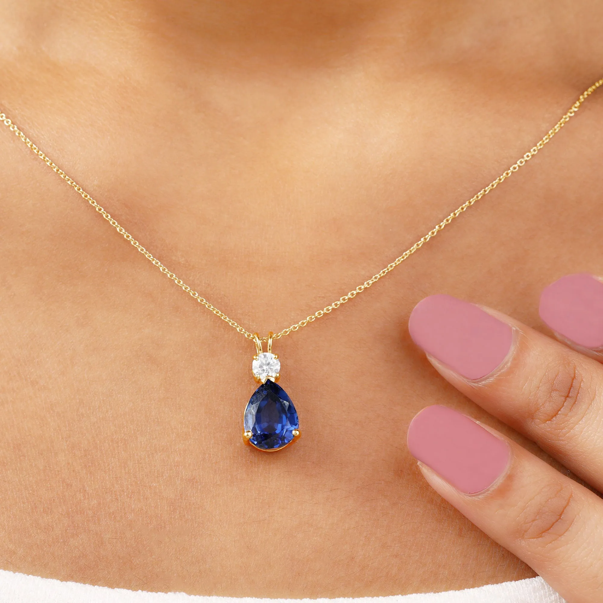 Created Blue Sapphire Teardrop Pendant Necklace