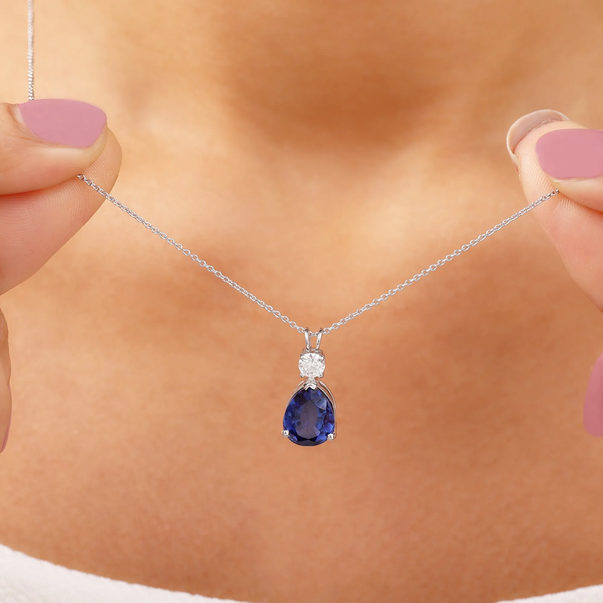Created Blue Sapphire Teardrop Pendant Necklace