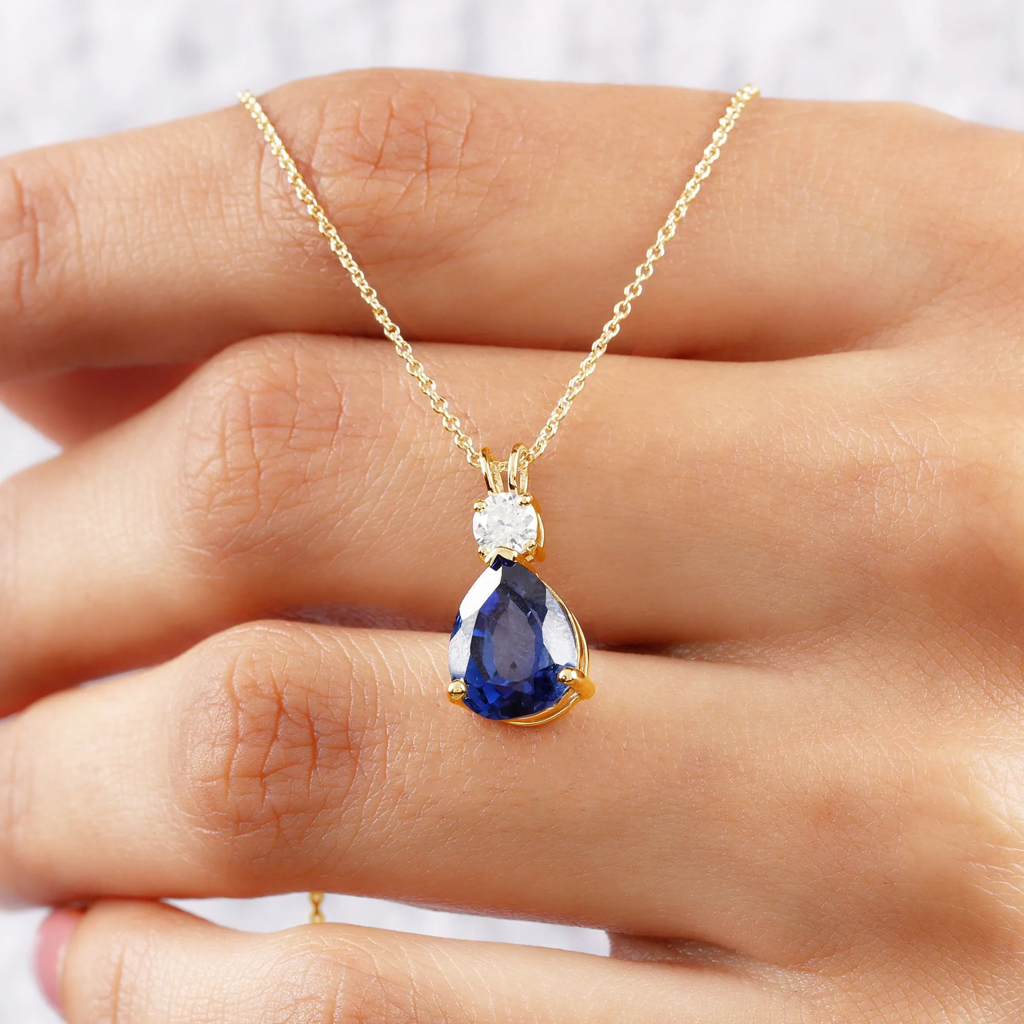 Created Blue Sapphire Teardrop Pendant Necklace