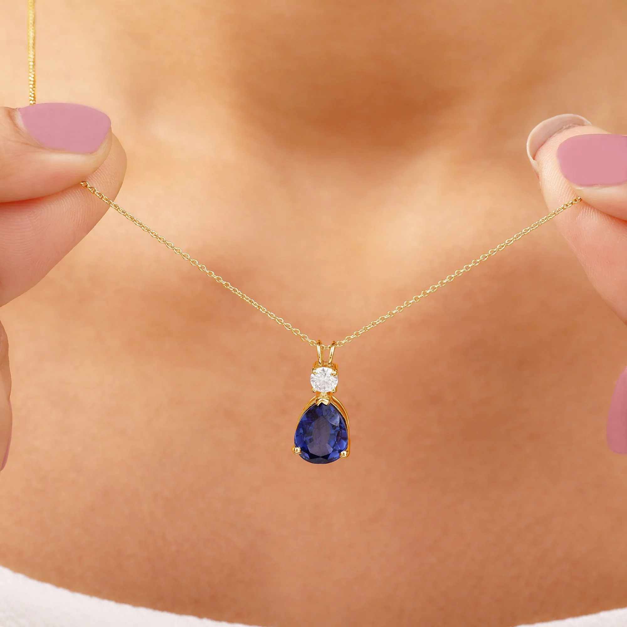 Created Blue Sapphire Teardrop Pendant Necklace