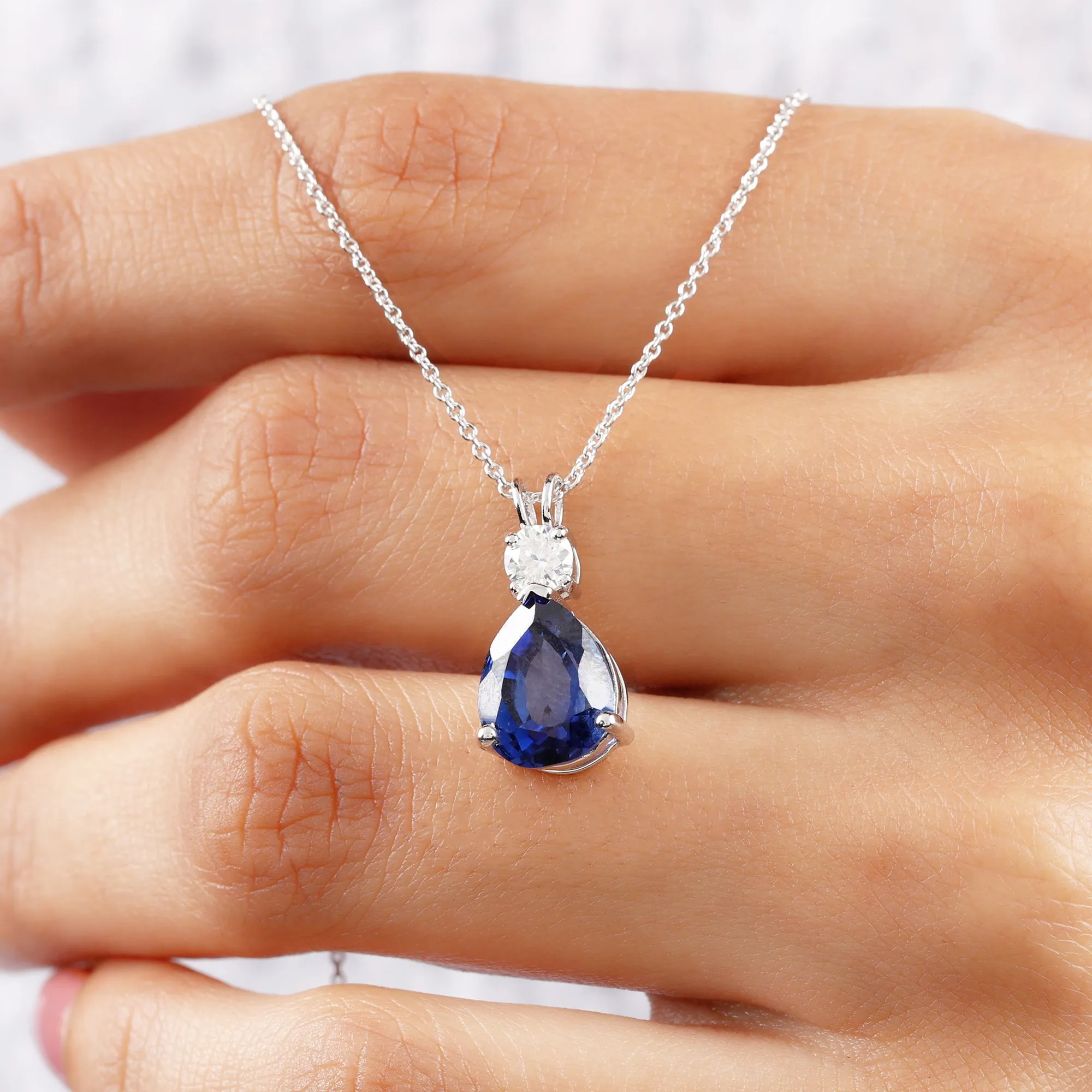 Created Blue Sapphire Teardrop Pendant Necklace
