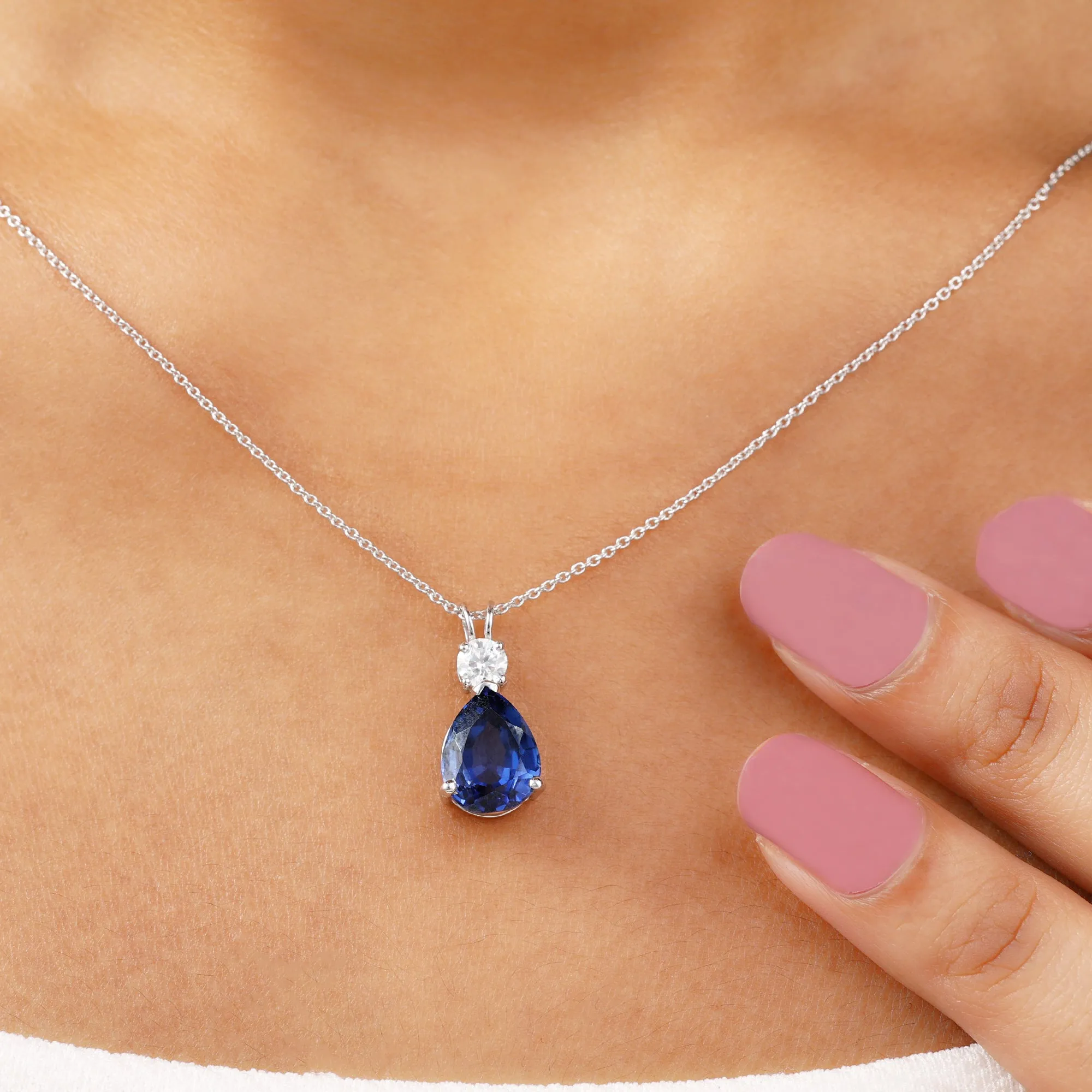 Created Blue Sapphire Teardrop Pendant Necklace
