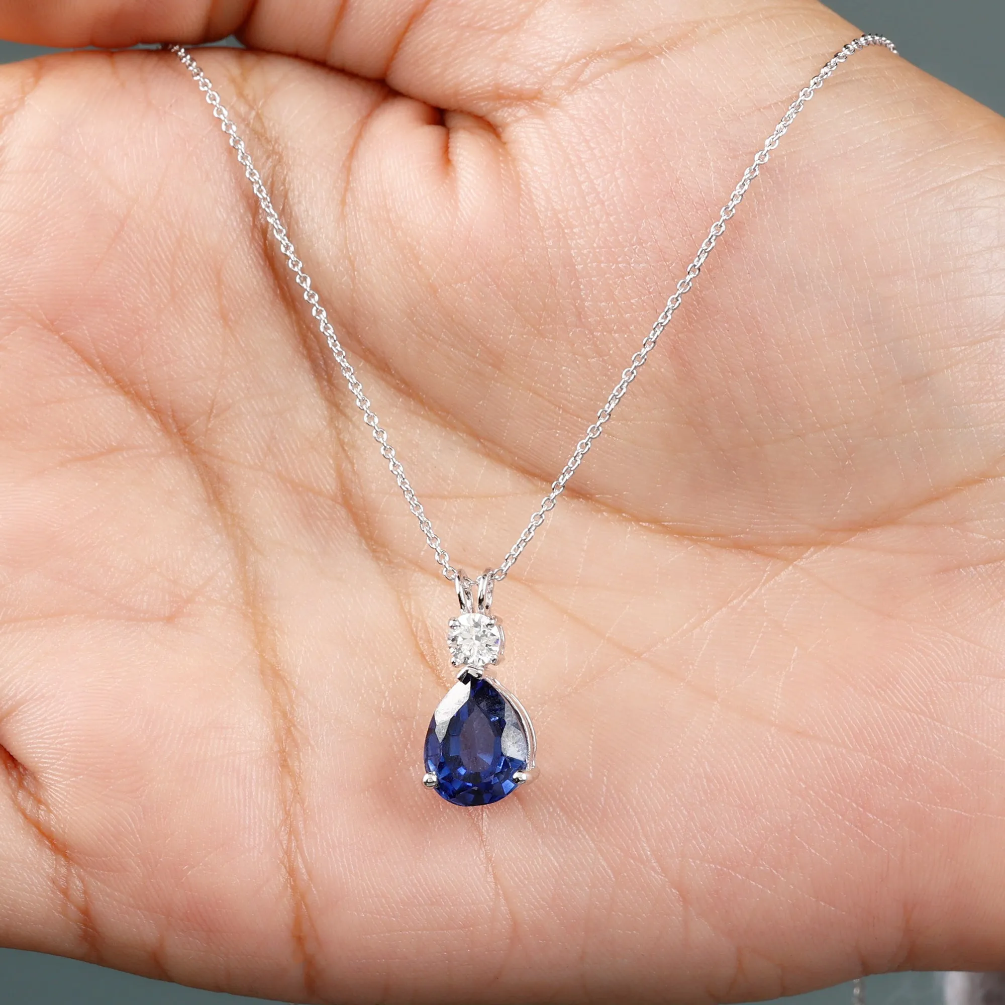 Created Blue Sapphire Teardrop Pendant Necklace